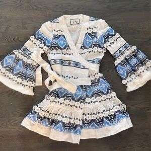 Alexis designer White Wrap Dress with Blue & Navy Embroidery